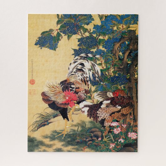 Puzzle Coq et Hen avec Hydrangeas par Ito Jakuchu (Vertical)