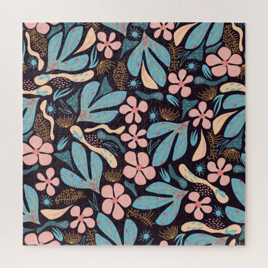 Puzzle Coral Blue Floral Dark Print (Vertical)