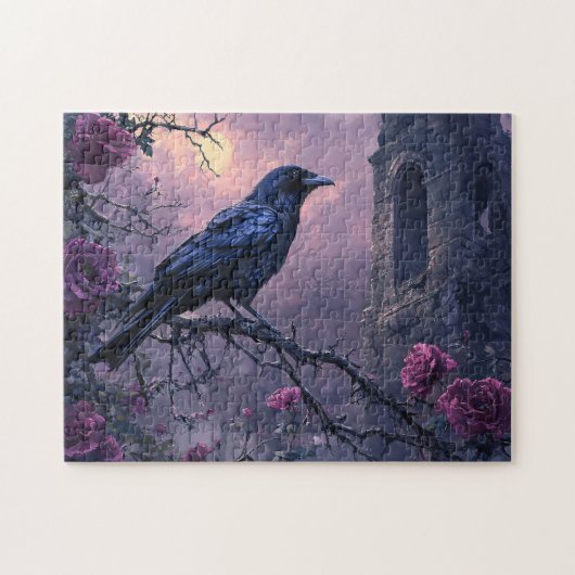 Puzzle Corbeau gothique Roses pourpres (Horizontal)