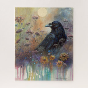 Puzzle Corbeau peint à la main avec Fleurs sauvages