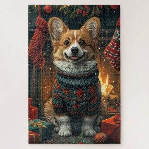 Puzzle Corgi au coin du feu avec des cadeaux de Noël
