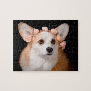 Puzzle Corgi avec des fleurs dans ses cheveux