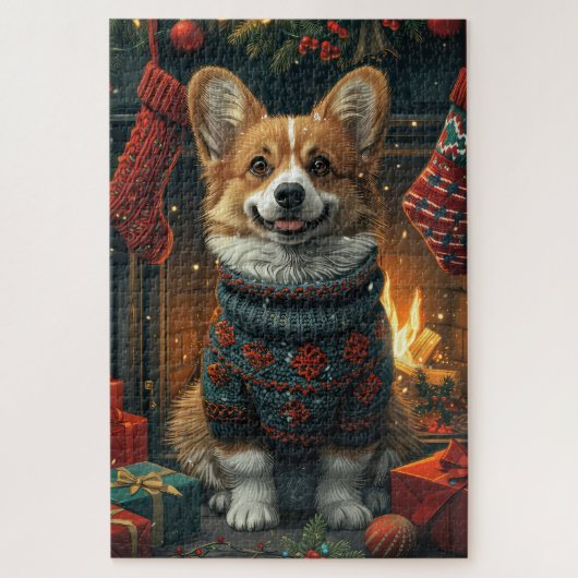 Puzzle Corgi Chien Avec Les Cadeaux De Noël Cheminée (Vertical)