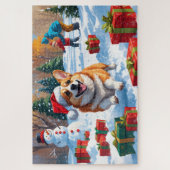 Puzzle Corgi coule en neige avec Casquette de Noël (Vertical)