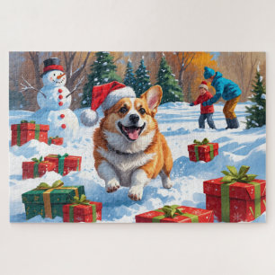 Puzzle Corgi courant dans la neige avec un chapeau de Noë