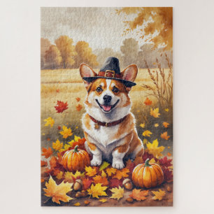 Puzzle Corgi dans l'art de Thanksgiving aux feuilles d'au