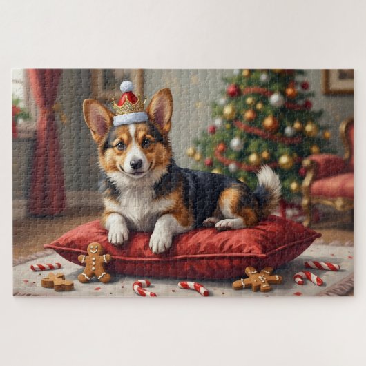 Puzzle Corgi Dog Christmas Loaf with Santa Crown Art (Horizontal)