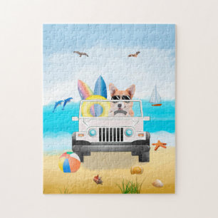 Puzzle corgi dog driving on Beach