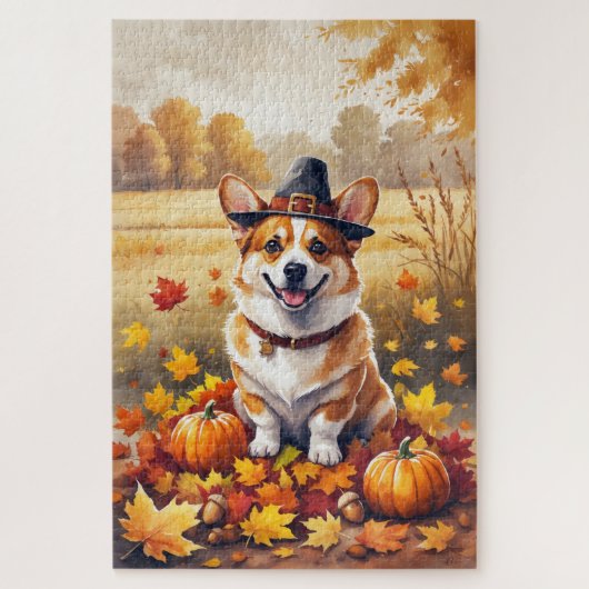 Puzzle Corgi En Automne Laisse L'Art Thanksgiving (Vertical)