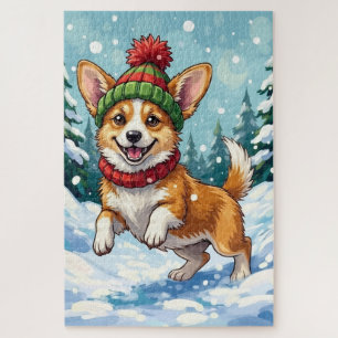 Puzzle Corgi joyeux bondissant dans la neige avec pompon
