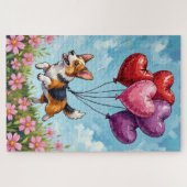 Puzzle Corgi Running with Valentine's Heart Balloons (Horizontal)