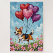 Puzzle Corgi Running with Valentine's Heart Balloons (Vertical)