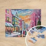 Puzzle Cosy Winter Street Scène Art Moderne<br><div class="desc">Un tableau d'art moderne et cosy représentant une charmante scène de rue hivernale avec des bâtiments aux couleurs vives, un sapin de Noël joliment décoré, et des gens qui se baladent dans la neige en chute libre. L'utilisation de couleurs pastel vives ajoute une touche chaleureuse et accueillante au froid de...</div>