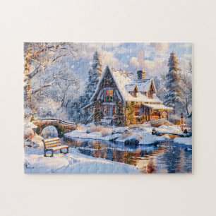 Puzzle Cottage de Noël au bord de la rivière enneigée
