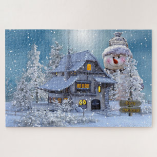 Puzzle Cottage d'hiver et Noël des motoneiges