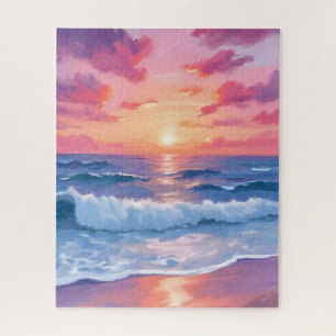 Puzzle Coucher de soleil aquarelle vagues océaniques rose