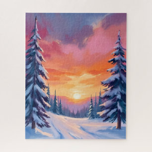 Puzzle Coucher de soleil enneigé d'hiver Peinture à l'a