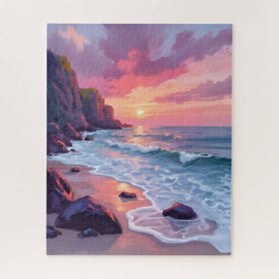 Puzzle Coucher de soleil pastel rose sur les vagues de l'