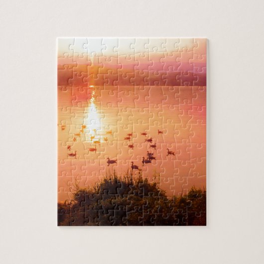 Puzzle Coucher de soleil rose et de lac de pêche (Vertical)