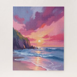 Puzzle Coucher de soleil rose Océan Plage Vagues Aquarell