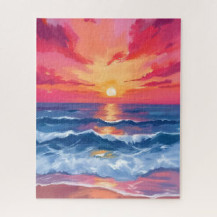 Puzzle Coucher de soleil sur la côte fuchsia   Aquarelle 