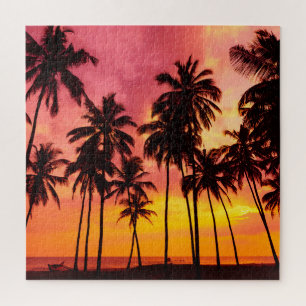 Puzzle Coucher de soleil tropical : Silhouette de palme s