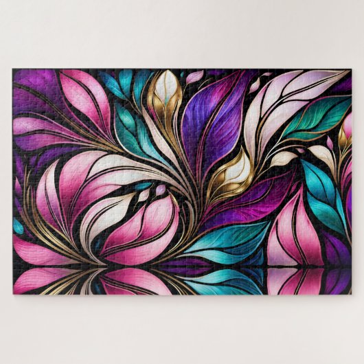 Puzzle Couleur rose florale et feuille en verre (Horizontal)