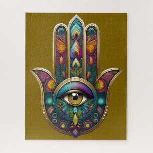 Puzzle Couleurs de paon Hamsa avec troisième œil en or