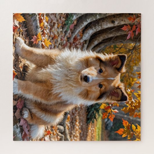 Puzzle Coupe de collie de sable mignonne en feuilles d'au (Horizontal)