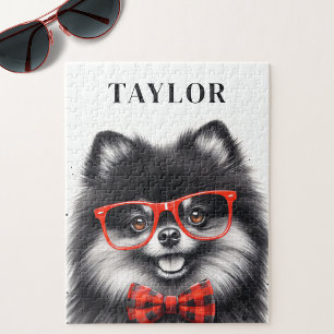 Puzzle Coupe Pomeranian Rouge Nerd Lunettes Nom personnal