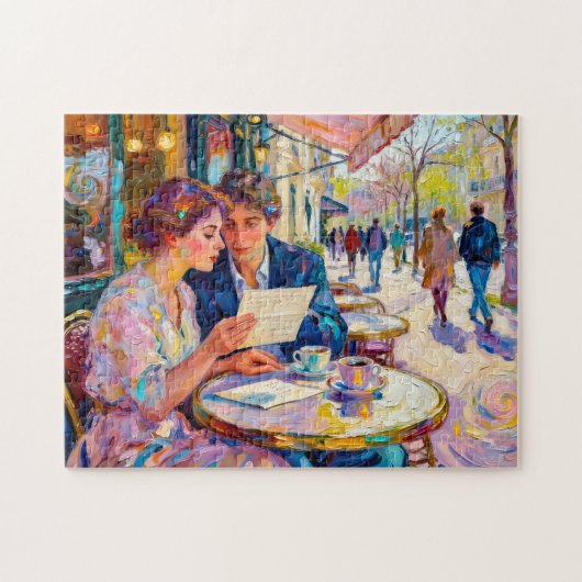 Puzzle Couple de café impressionniste lisant et débattant (Horizontal)