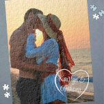 Puzzle Couple Love Heart Photo personnalisée<br><div class="desc">Créez votre propre cadeau de conservation de puzzle photo couple pour votre autre personnalisation significative avec des noms dans un coeur dans votre choix de styles et de couleurs de police. Changez le placement du coeur et du texte pour tenir compte de votre photo. Fait un cadeau significatif et mémorable...</div>