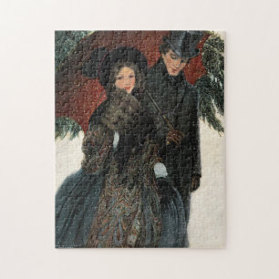 Puzzle Couple victorien vintage se promenant dans la neig