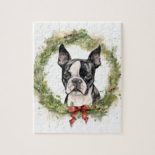 Puzzle Couronne de Noël de Terrier de Boston Chien festif