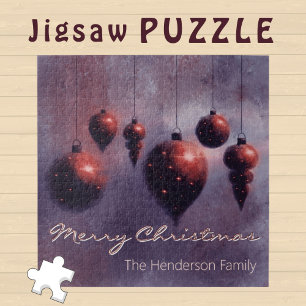 Puzzle Coutume de pendre Noël Baubles rouge sur violet -
