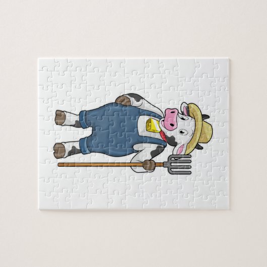 Puzzle Cow as Farmer with Pitchfork (Horizontal)