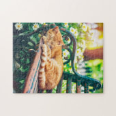 Puzzle Cozy Cat Sleeping in Garden on Bench (Horizontal)