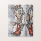 Puzzle Cozy Winter Village Bridge Watercolor Christmas (Vertical)