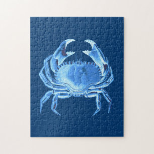 Puzzle Crab Sea Life Imprimer, Indigo Blue and White