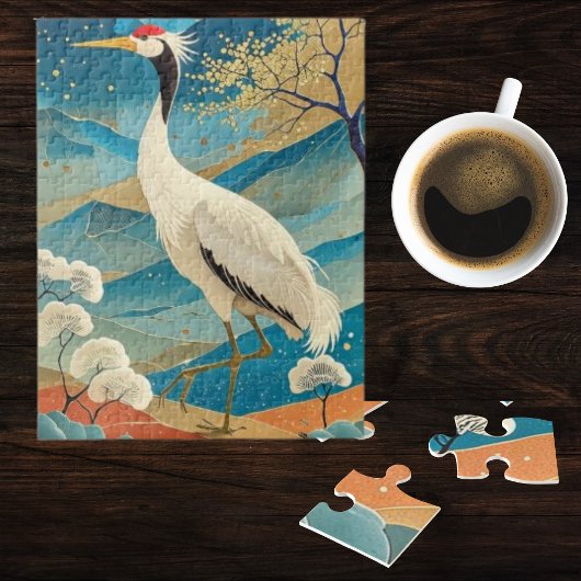 Puzzle Crane Bird with Mountains and Fall Trees Japanese