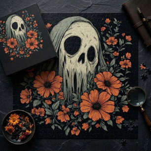 Puzzle Crâne de Fantôme Effrayant avec des Fleurs Orange