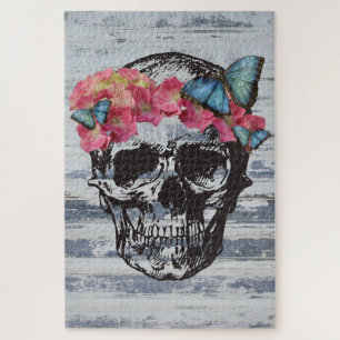 Puzzle Crâne Hydrangea Blue Butterfly Art