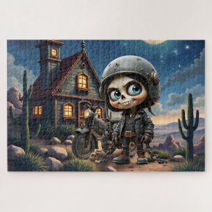 Puzzle Crâne Mignon Motard Balade au Clair de Lune à Tr