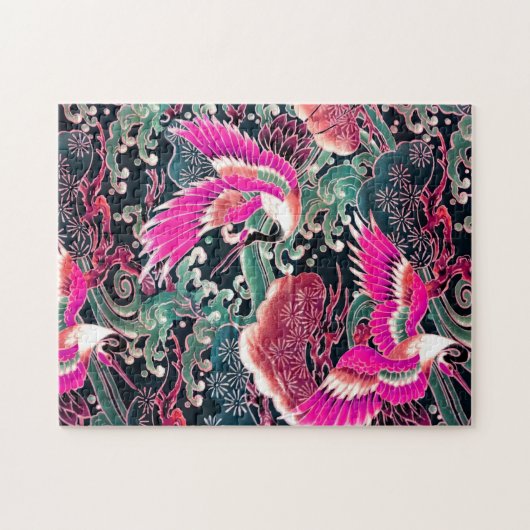 Puzzle CRANES DE VOL, VAGUES, FLEURS Rose Japonais Floral (Horizontal)