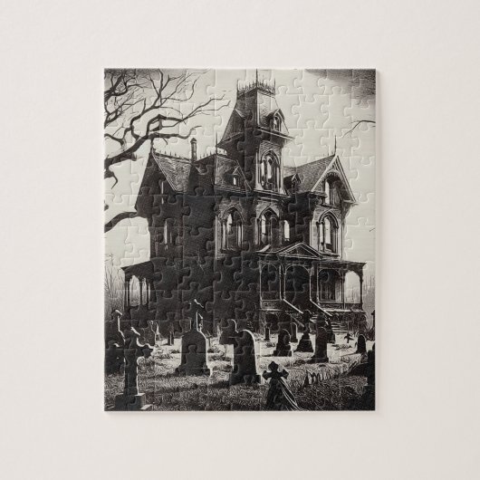 Puzzle Creepy Haunted House Graveyard Drawing (Vertical)