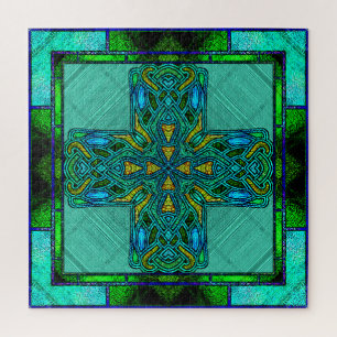 Puzzle Croix celtique en verre coloré en or et vert