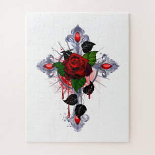 Puzzle Croix d'argent avec une rose rouge