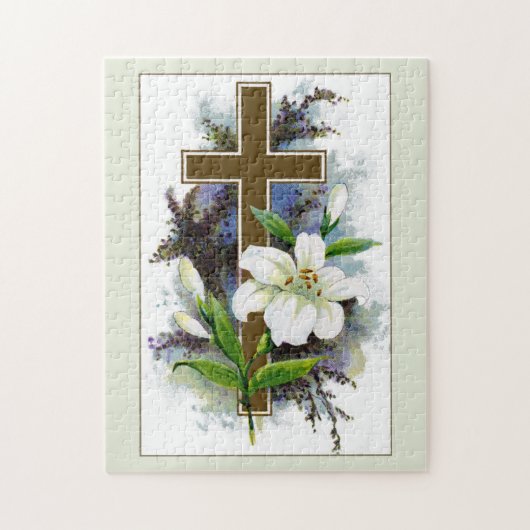 Puzzle Croix d'or avec fleurs blanches (Vertical)