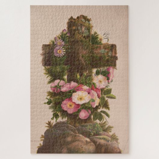 Puzzle Croix rustique antique, roses sauvages, carte de P (Vertical)
