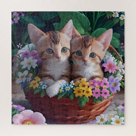 Puzzle Cuisinement Cute Kittens dans un panier à fleurs (Vertical)